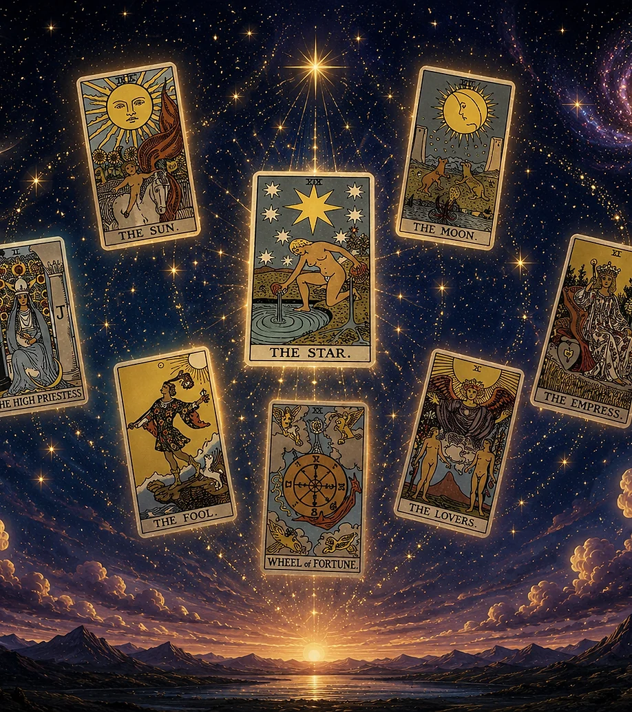 Illustration representing tarot reading, tarot cards among the stars